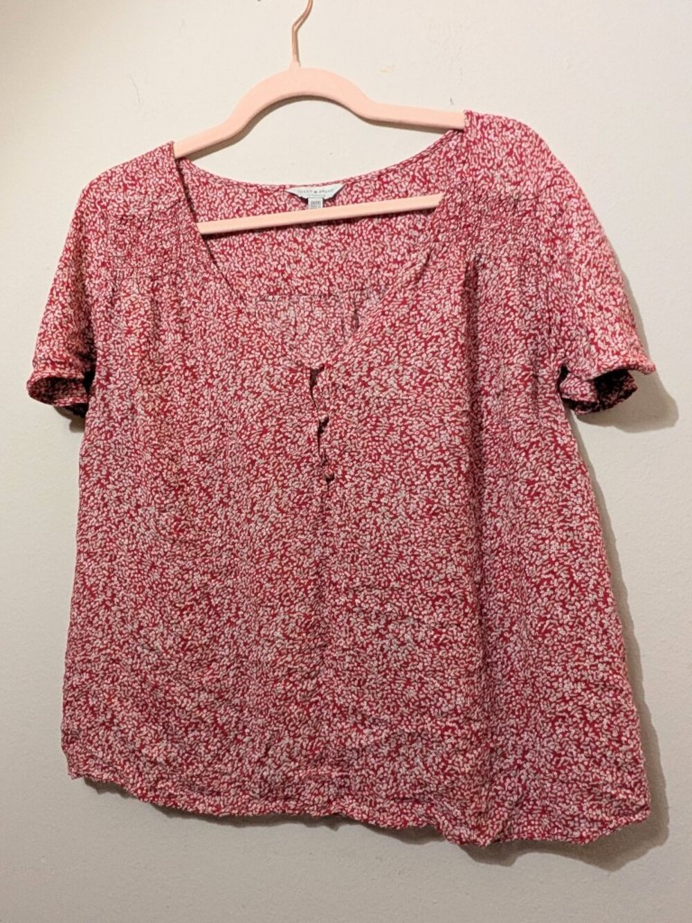 Lucky Brand Lightweight Button Blouse Red White Floral Size 1X